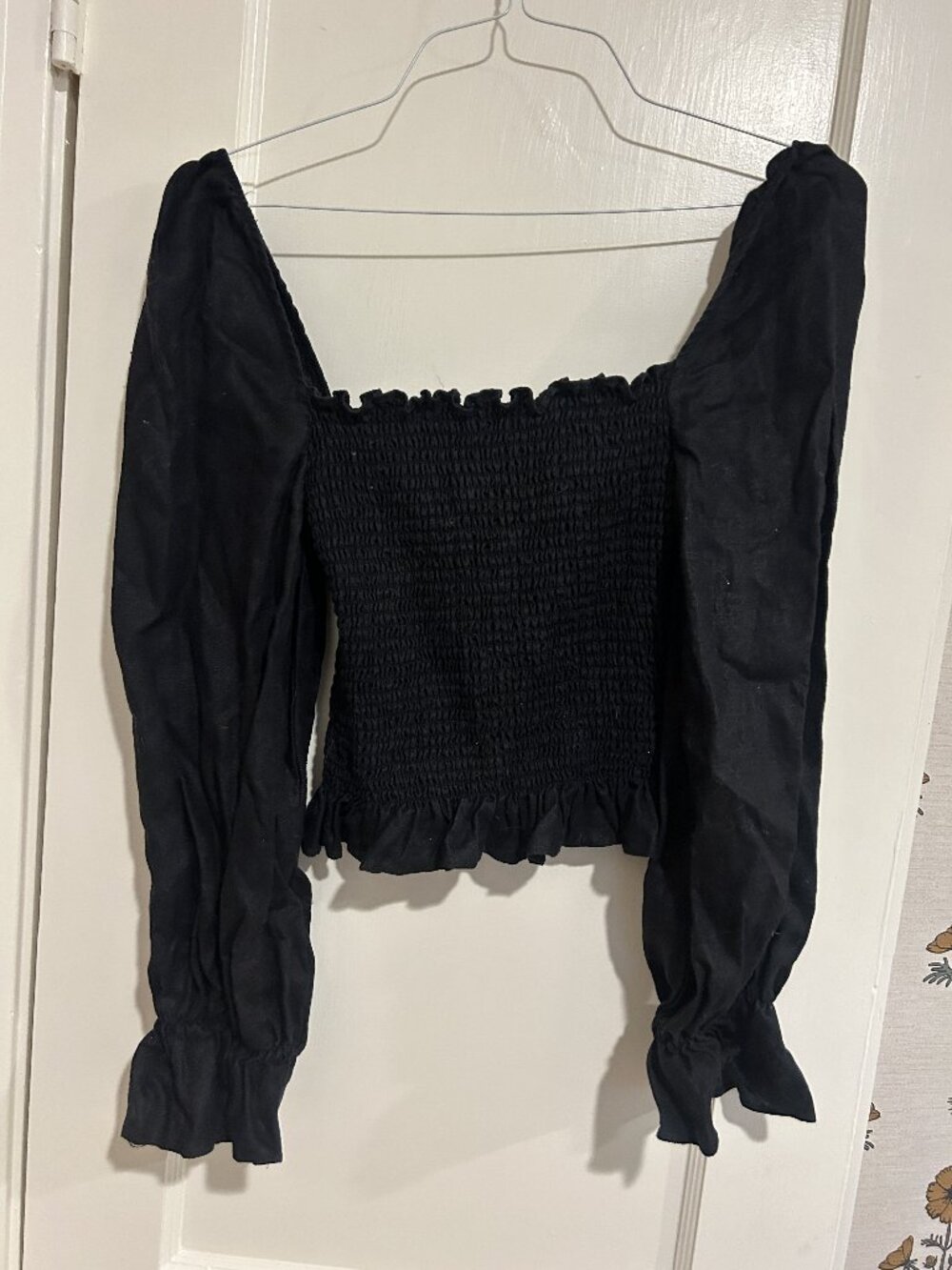 Reformation Black Smocked Square-Neck Puff Sleeve Crop Top M